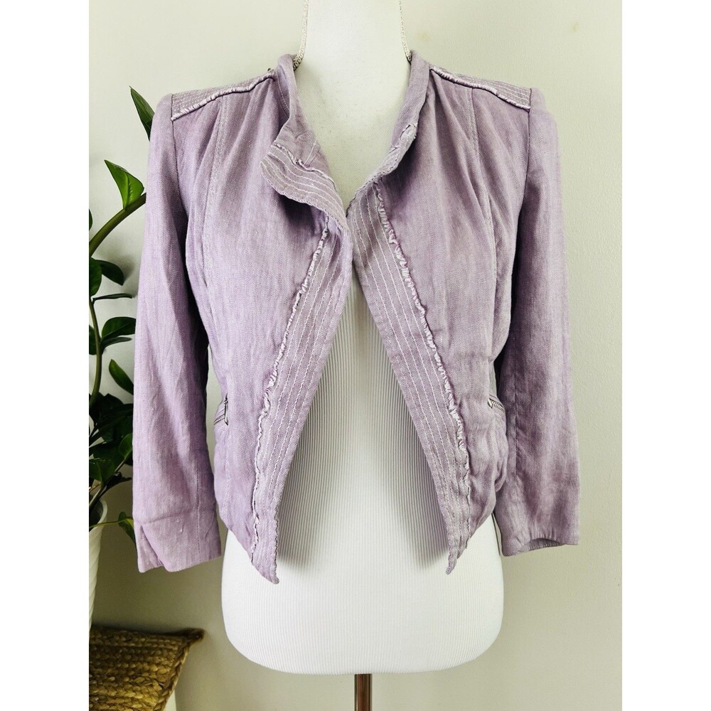 White House Black Market Lavender Purple Linen Open Front Jacket Moto Cropped XS